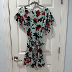 Alice + Olivia Light Blue Midi Dress with Red Rose Print